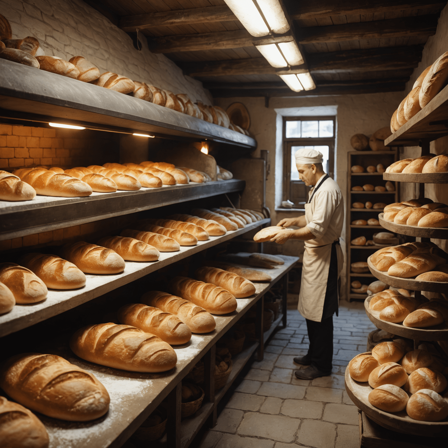 Interior of Poleshka Bread bakery showing traditional ovens and bakers at work, with freshly baked loaves and baguettes in the foreground