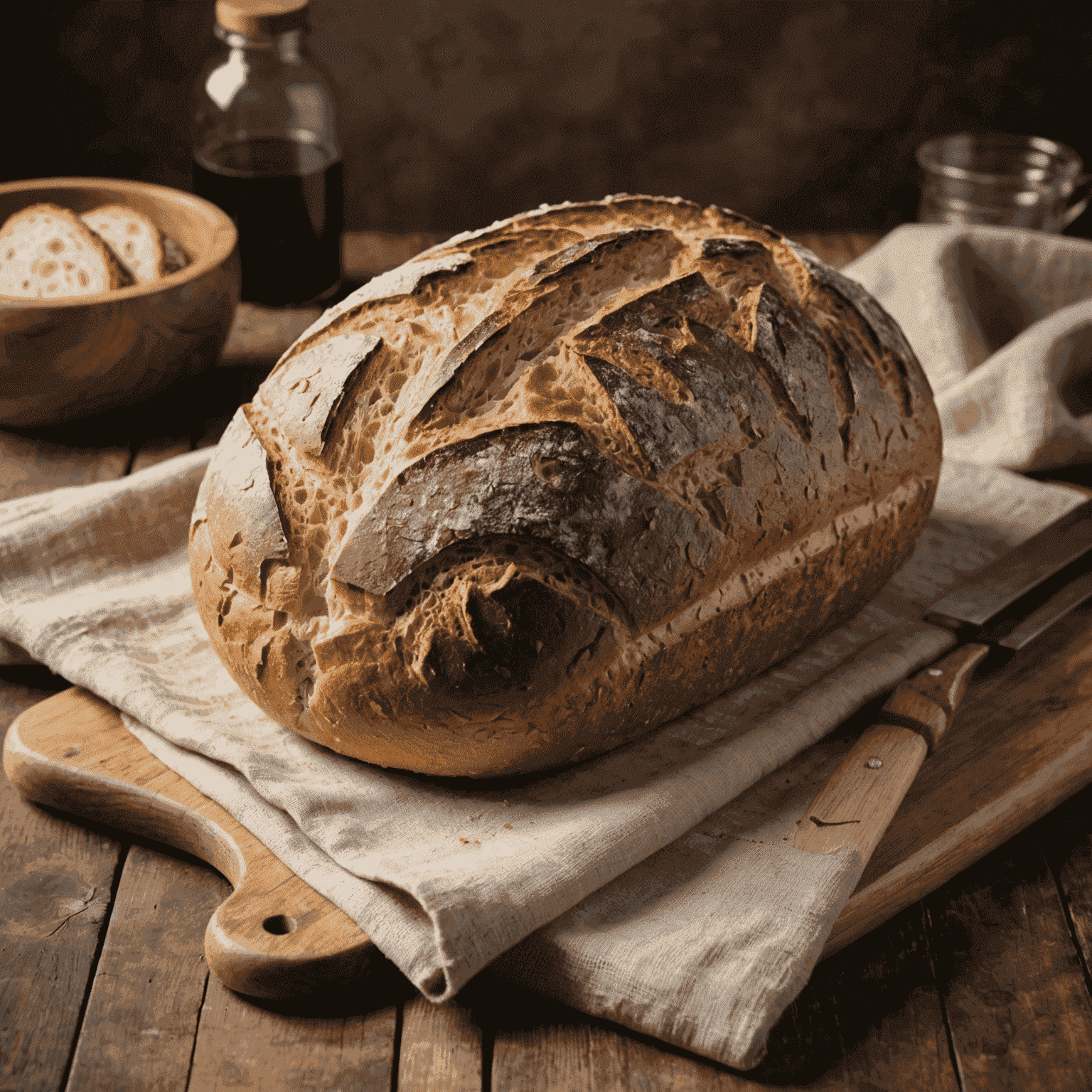 A rustic loaf of sourdough bread with a perfectly scored top, sitting on a wooden board next to a linen cloth. The bread has a golden-brown crust with visible air bubbles, showcasing its artisanal quality.