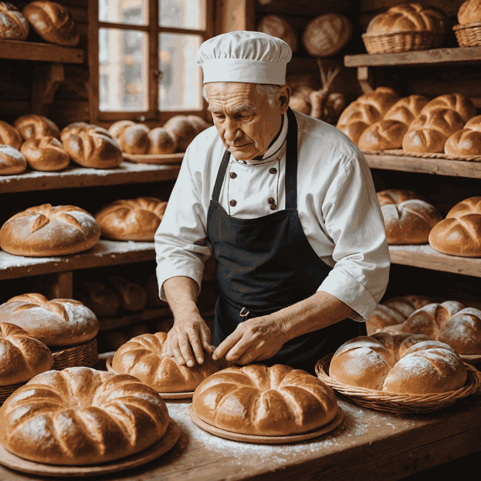 A traditional Russian bakery with various types of bread on display, including round loaves, braided breads, and dark rye breads. An elderly baker in traditional attire is kneading dough in the background.