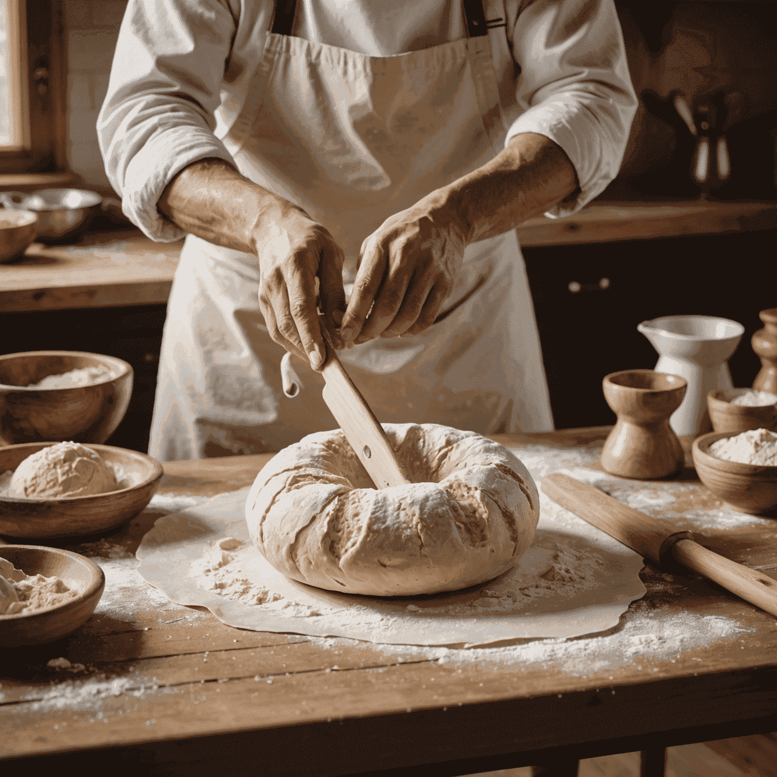 A baker kneading dough on a wooden table, with traditional Eastern European baking tools visible alongside modern American kitchen equipment