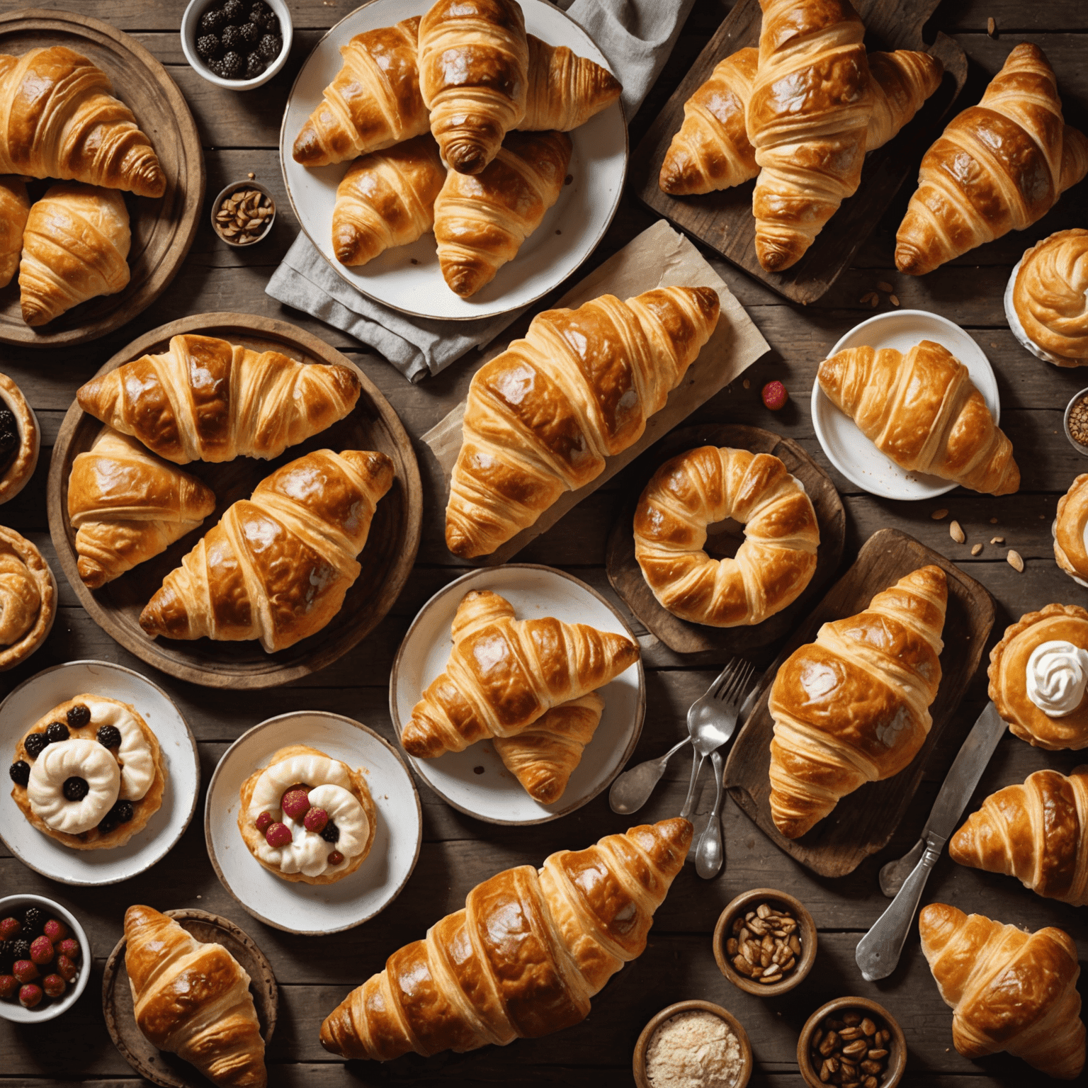 A display of various pastries including croissants, strudels, and Eastern European pastries arranged on a rustic wooden table