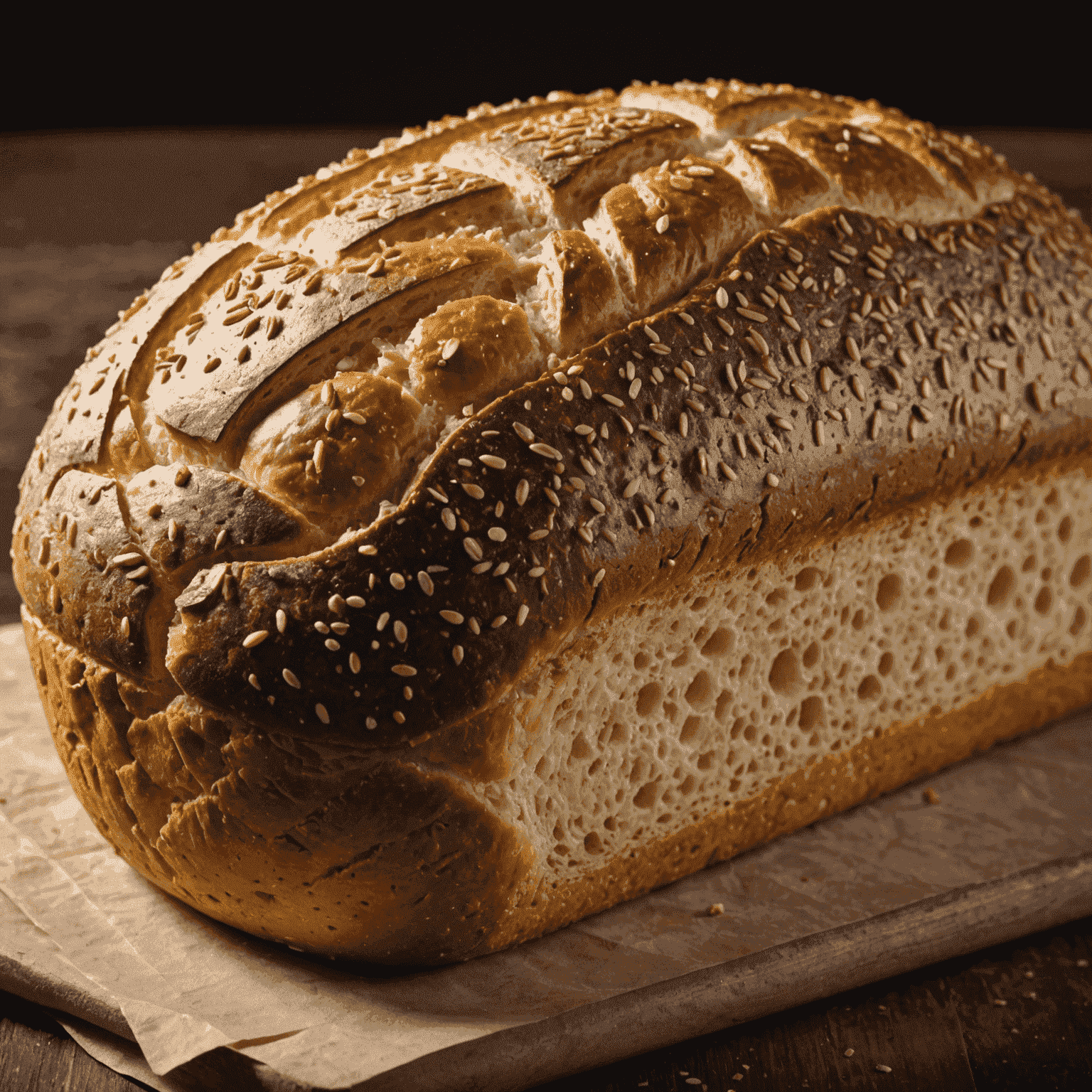 A close-up of a perfectly crusted artisanal bread loaf, showcasing its golden-brown color and intricate scoring patterns