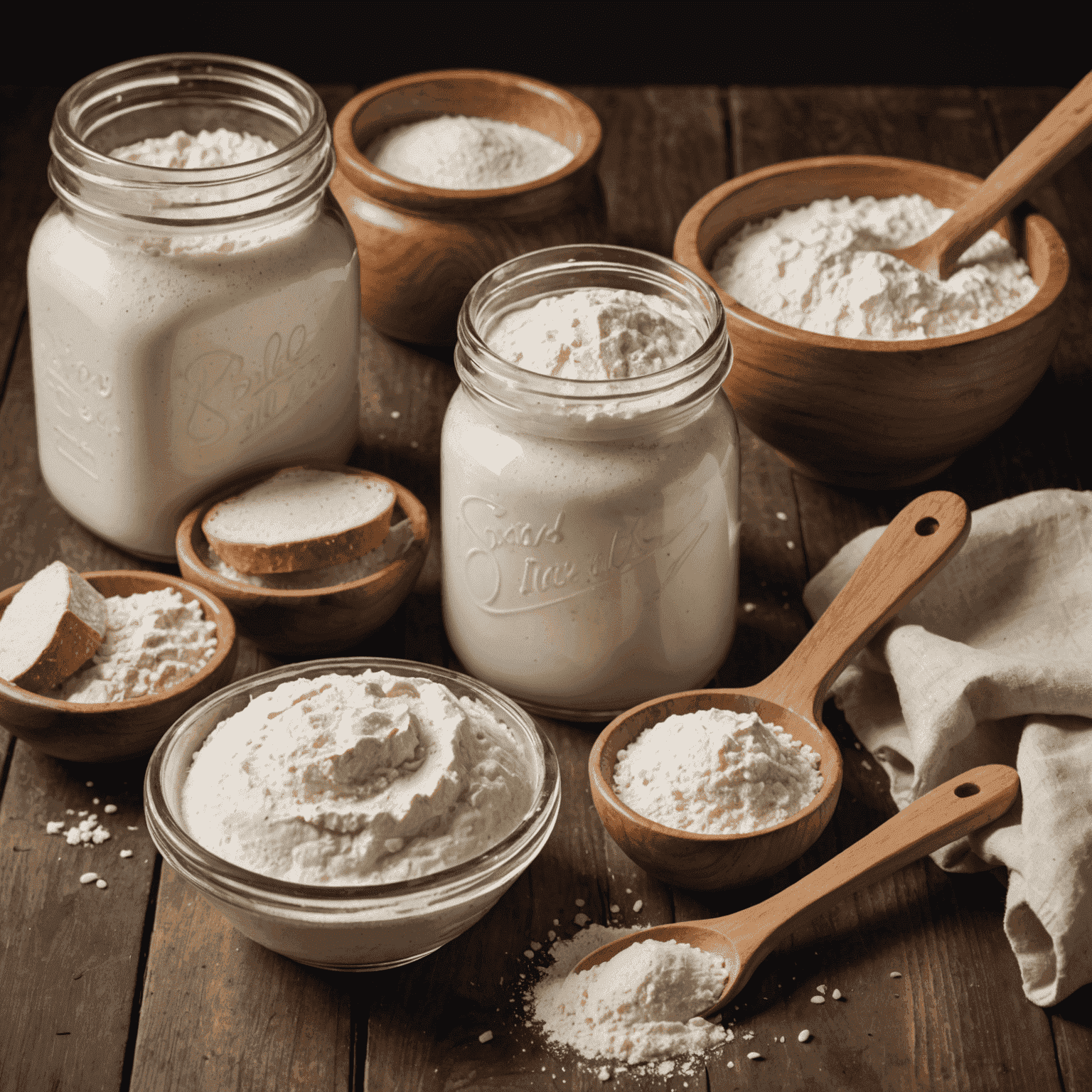 A glass jar containing sourdough starter with bubbles visible, sitting next to a wooden spoon and a small bowl of flour, showcasing the key ingredients of the fermentation process.