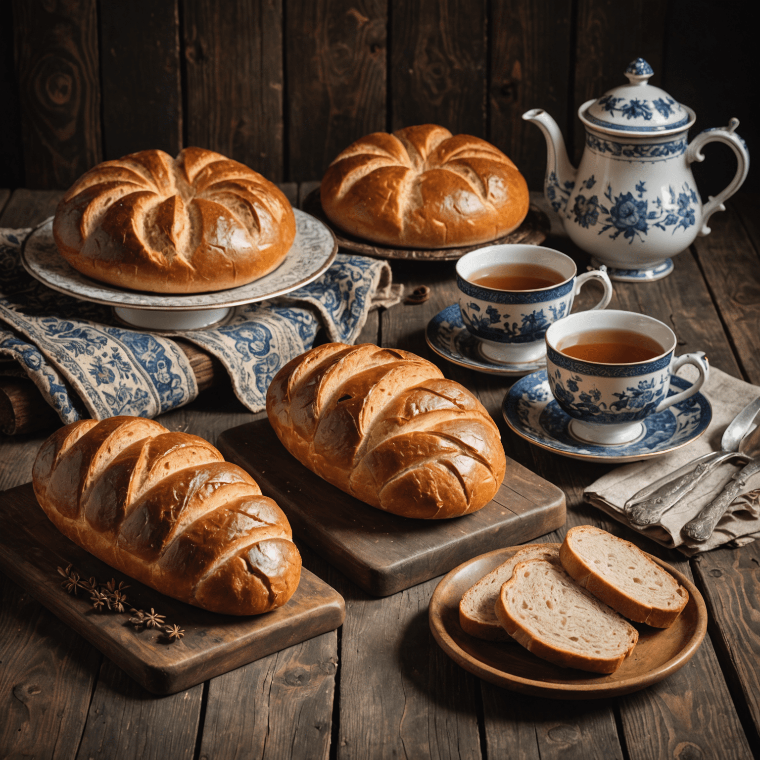 A selection of freshly baked Russian-inspired breads on a rustic wooden table. Visible are dark rye Borodinsky bread, ring-shaped Kalach, and a loaf of Rzhanoy bread. A vintage samovar and traditional Russian tea cups are in the background.