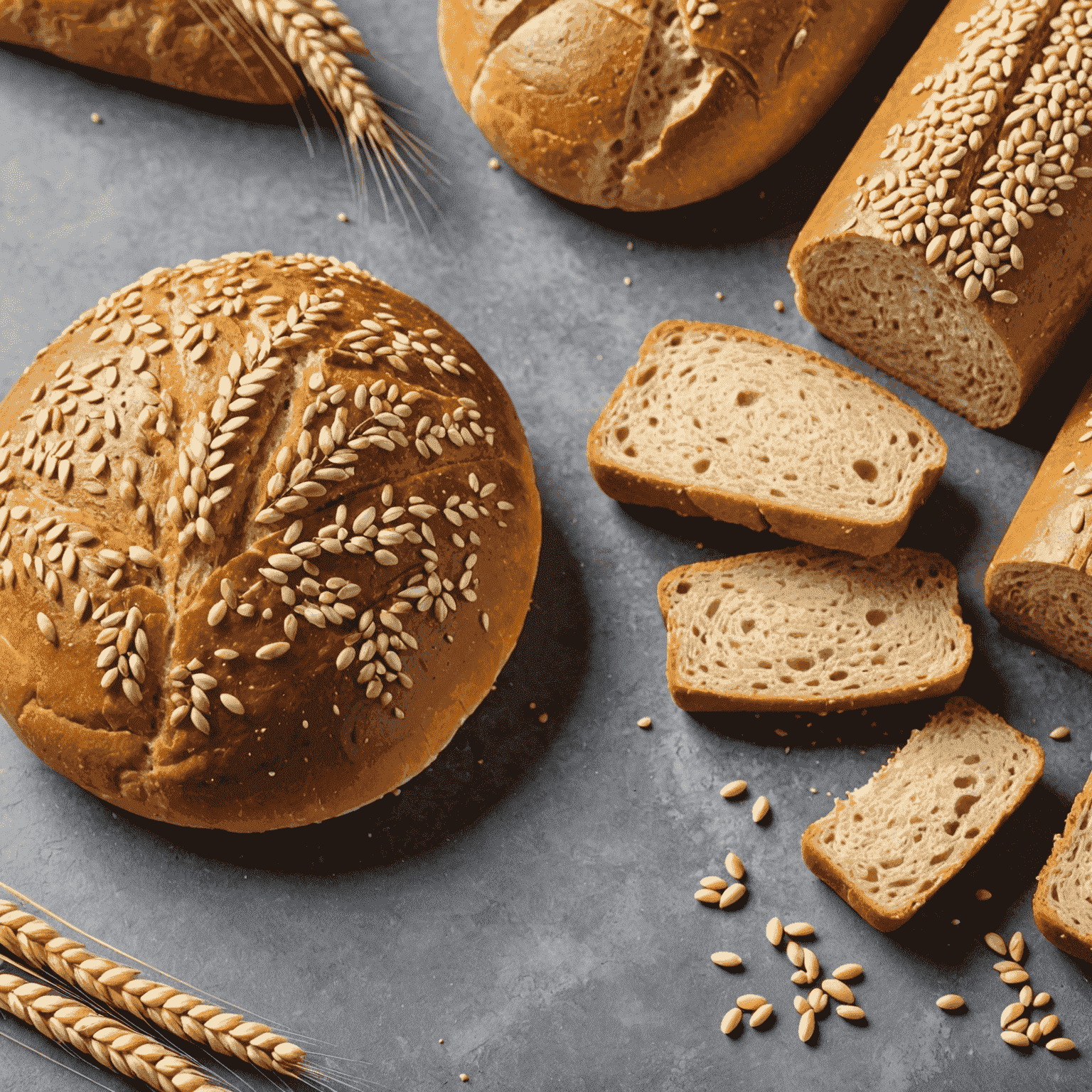 A comparison of Eastern European and American wheat grains, alongside a freshly baked loaf of bread showcasing the perfect crust and crumb