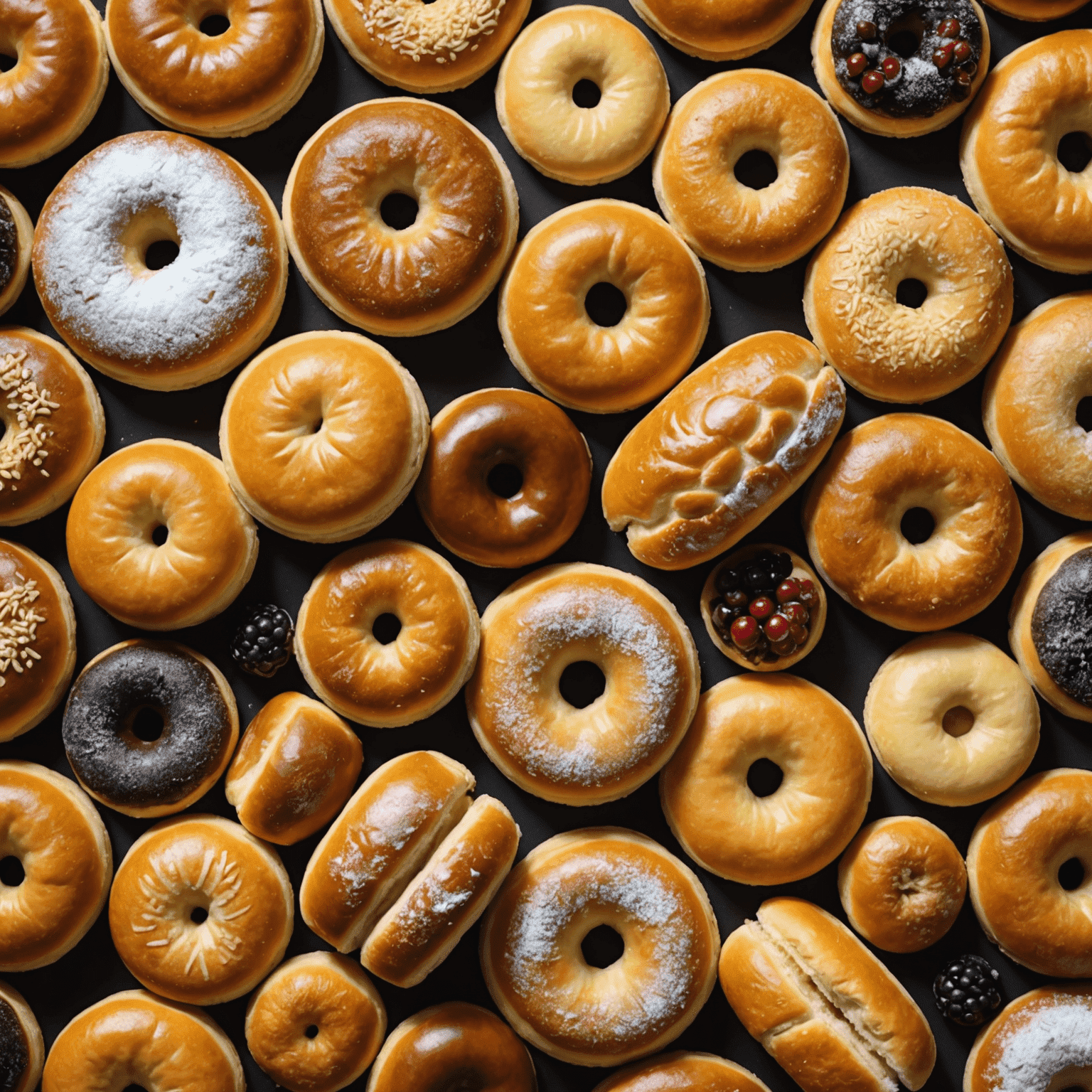 A close-up of various Eastern European pastries including Paczki, Kolaches, Pogača, and Medovik, showcasing their unique textures and fillings