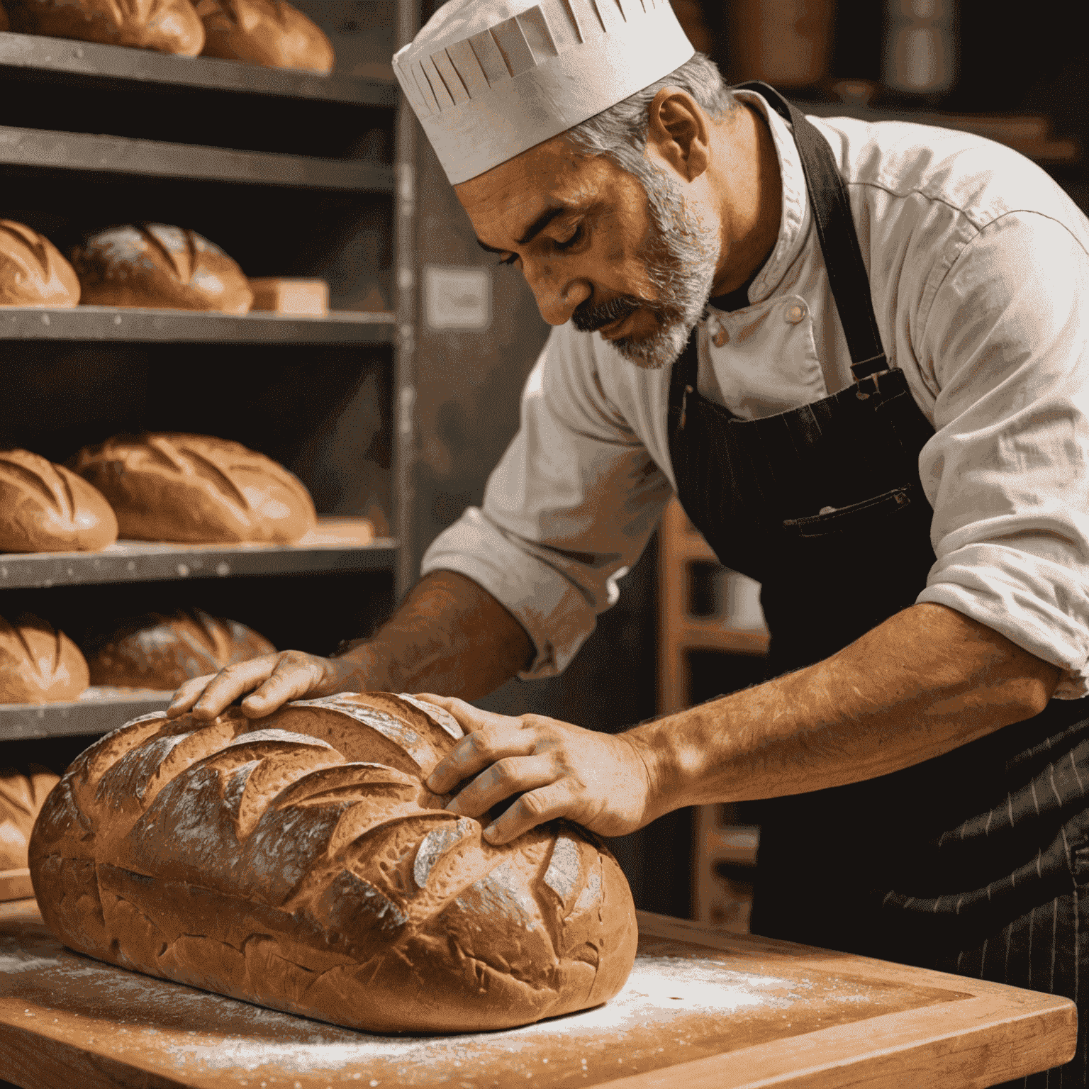 A baker scoring a loaf of bread with precision, demonstrating the intricate patterns that contribute to both aesthetics and crust formation