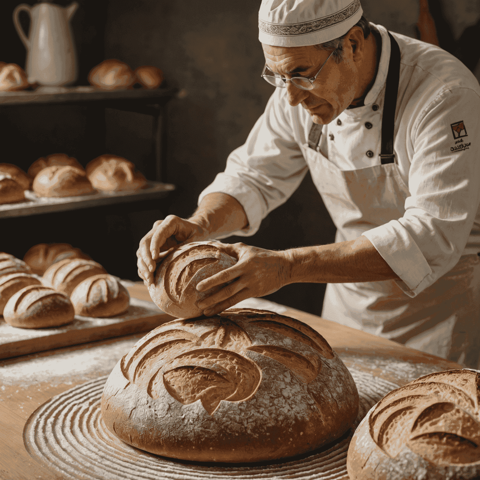 A baker scoring the top of a round sourdough loaf with a lame, creating an intricate pattern. In the background, other shaped loaves are visible on a floured surface, ready for baking.