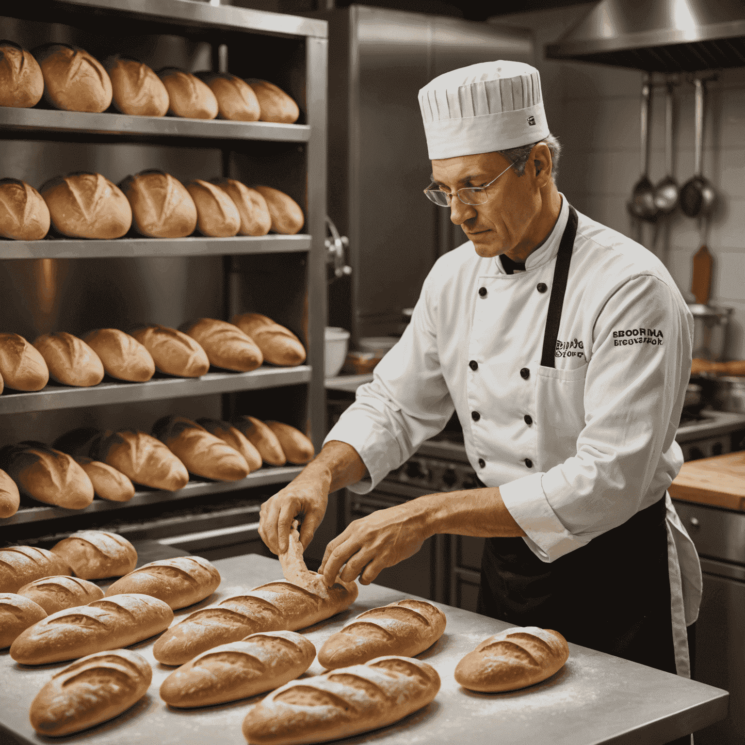 A baker shaping dough for baguettes in a modern kitchen. In the foreground are various Russian-inspired bread loaves with modern twists, such as a multi-grain Borodinsky and a gluten-free Kalach.