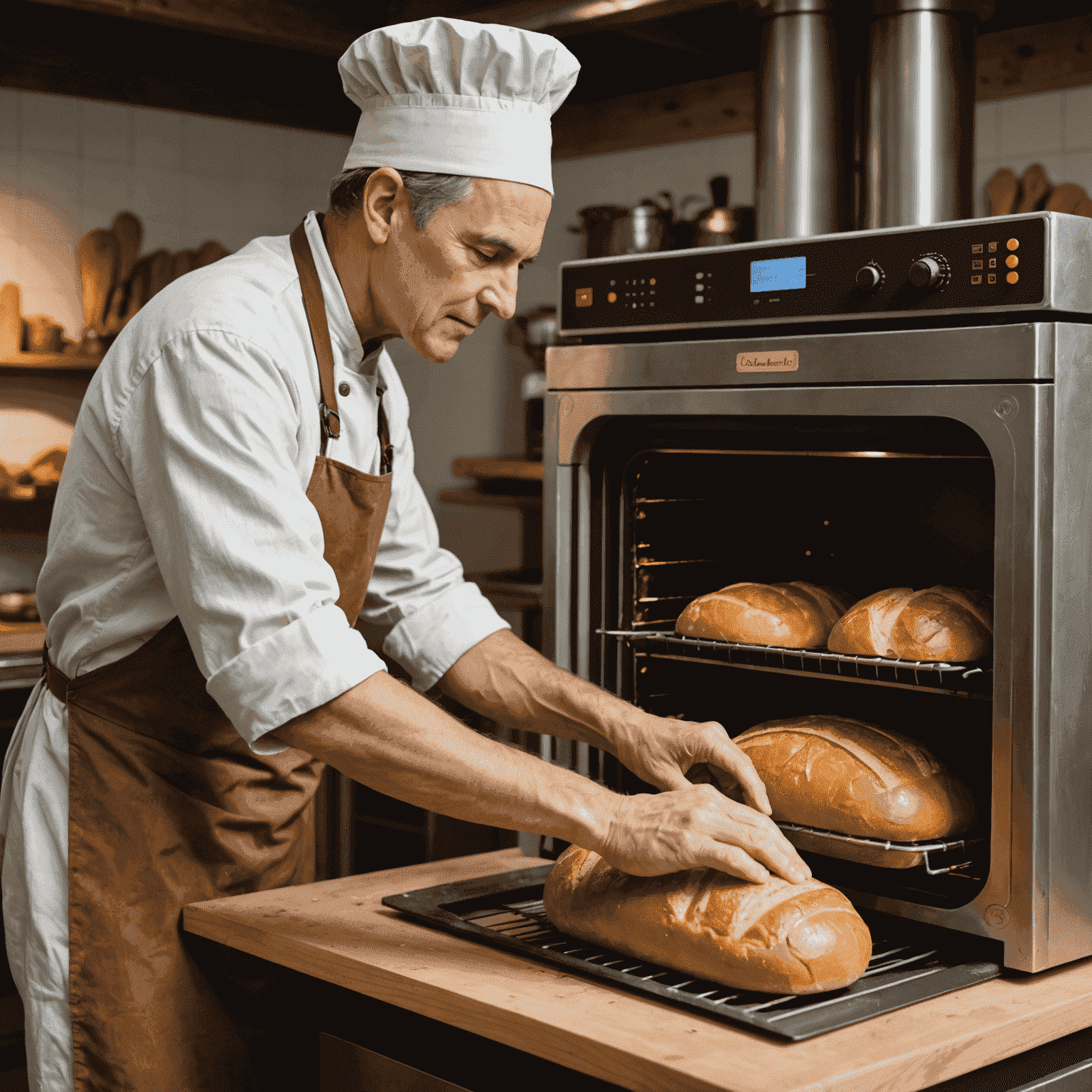 A baker using a traditional wooden peel to place hand-shaped loaves into a modern, computer-controlled oven