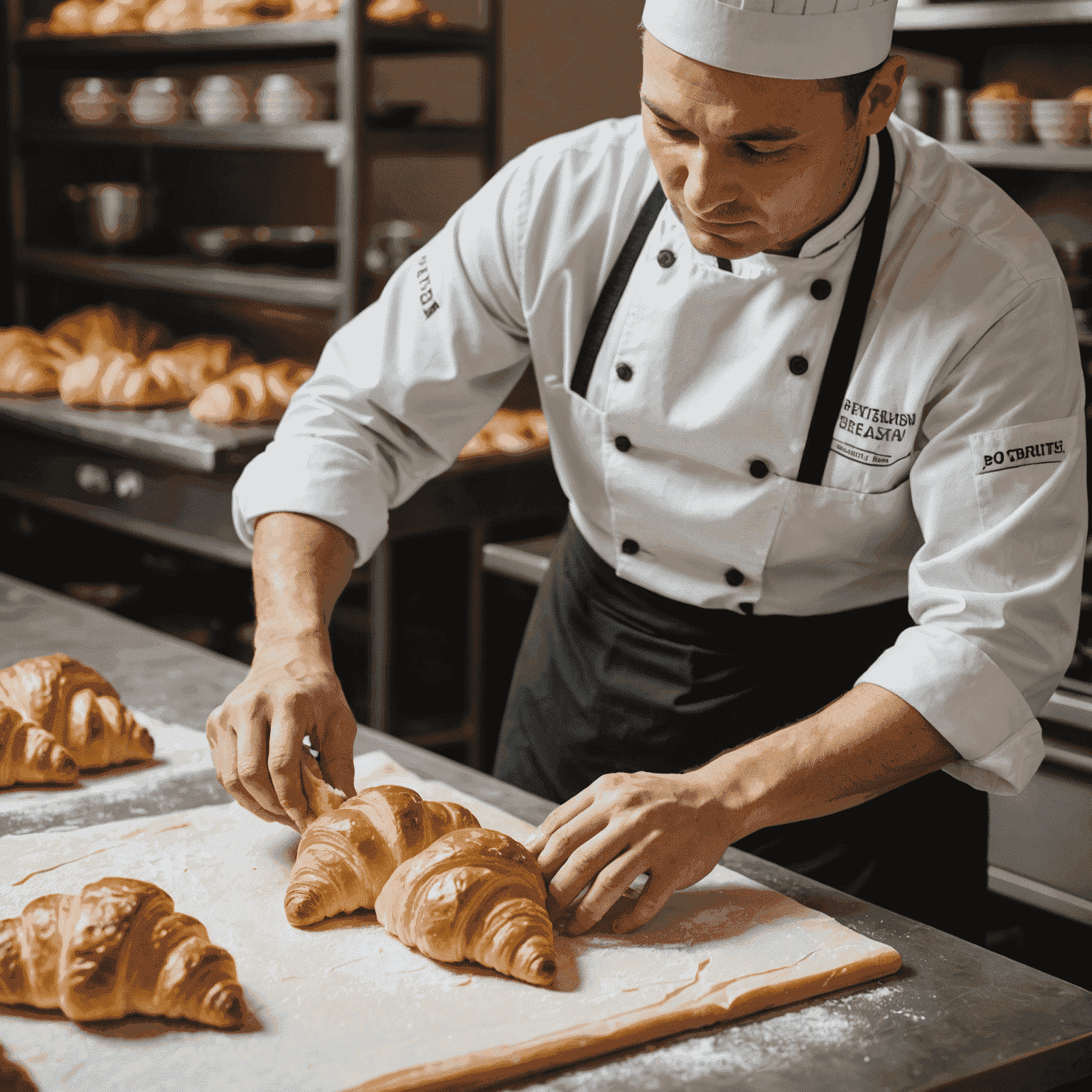 A pastry chef carefully folding dough for croissants, demonstrating the artisanal techniques used at Poleshka Bread