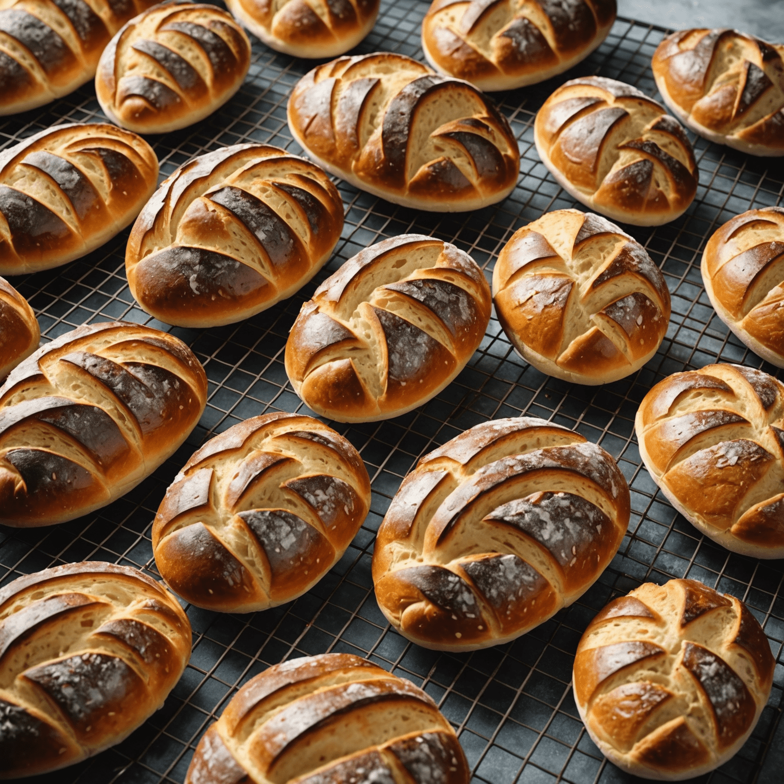 Freshly baked artisanal breads cooling on racks, their crusts glistening and crackling as they settle